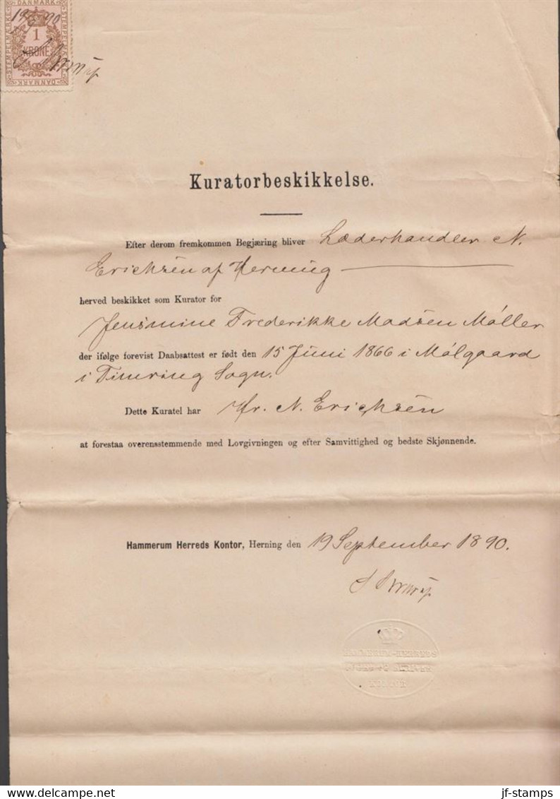 1890. DANMARK. Kuratorbeskikkelse With 1 KRONE STEMPELMÆRKE. Dated 19/9 90 Hammerum Herreds Kontor, Hernin... - JF516936 - Fiscaux