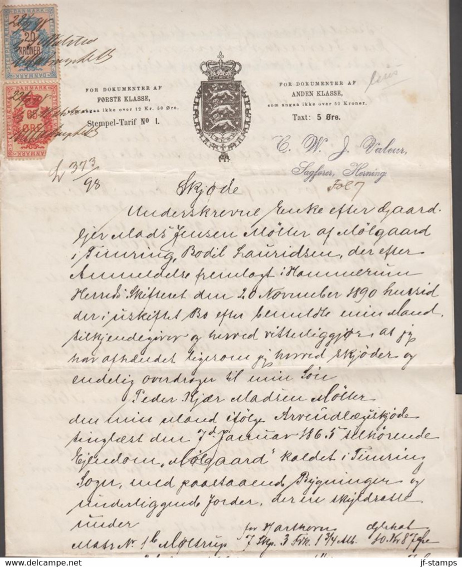 1898. DANMARK. SKØDE (complete) Med 20 KRONER + 65 ØRE STEMPELMÆRKE (defect) Dated 22/2 98. Læst På Hammer... - JF516937 - Fiscale Zegels