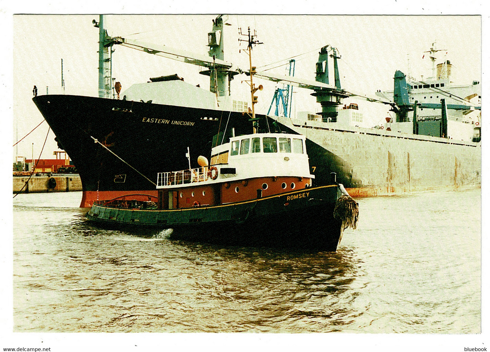 Ref 1523 -  Shipping Maritine Postcard - Motor Tug "Romsey" Berthing "Eastern Unicorn" Alexandra Towing Company - Tugboats
