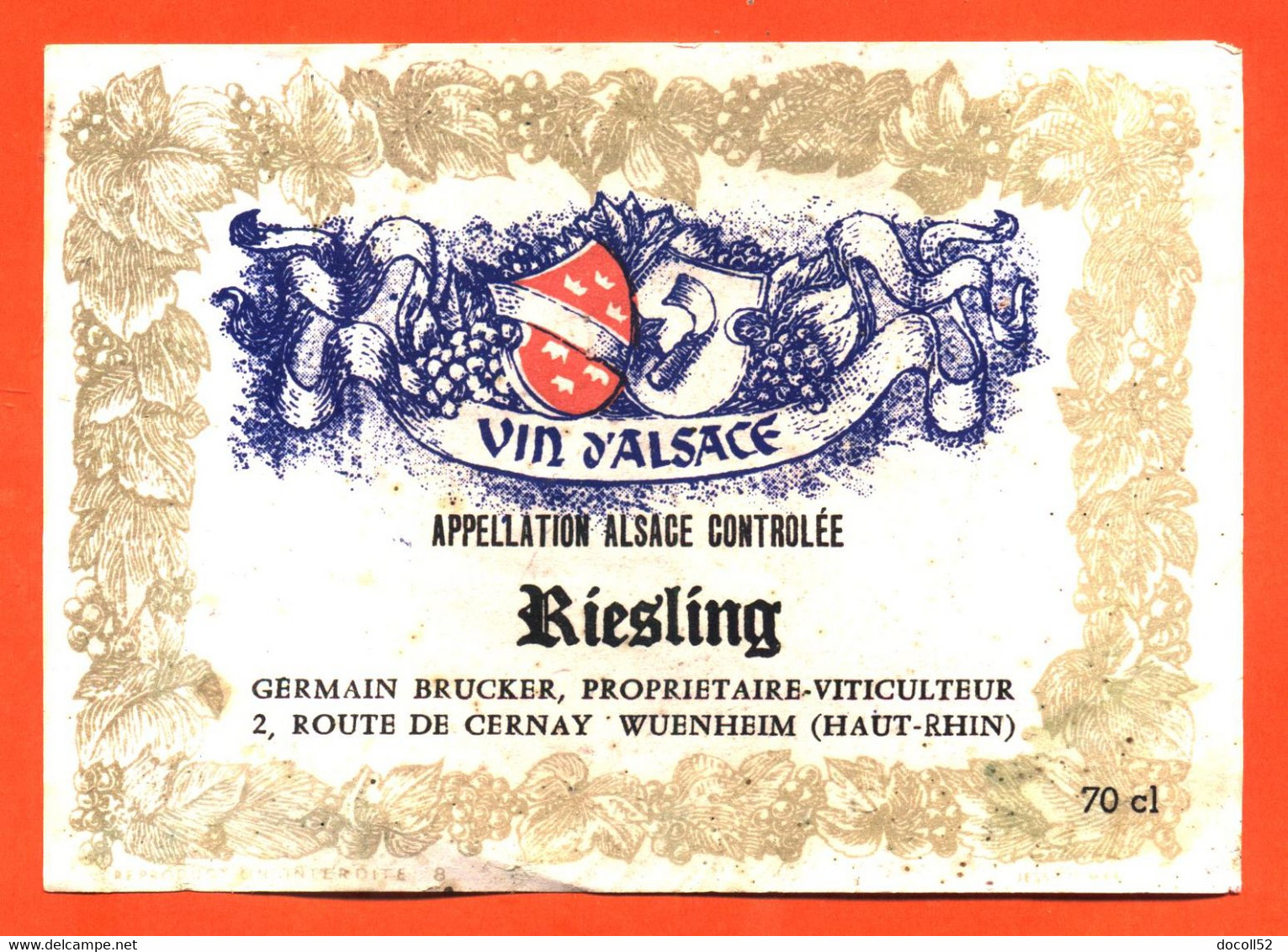 Etiquette Ancienne + Collerette De Vin D'alsace Riesling Germain Brucker à Wuenheim - 70 Cl - Riesling