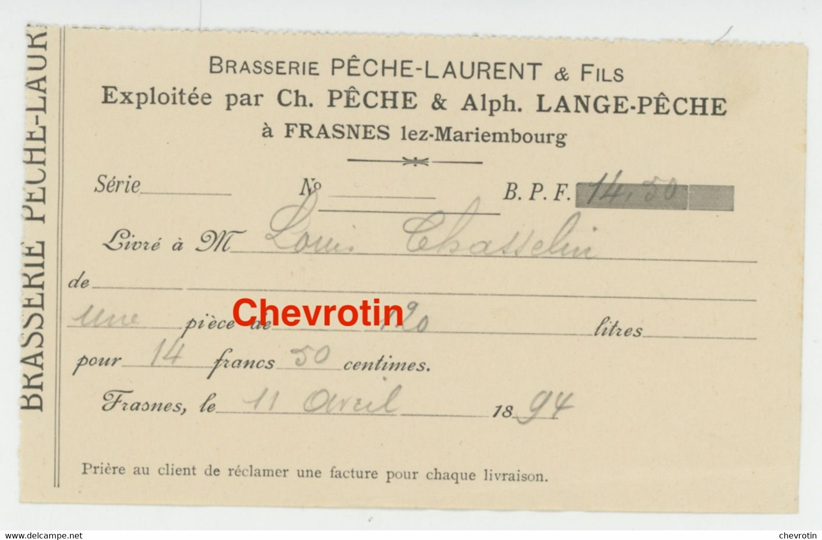 Reçu édité Par La Brasserie Pêche - Laurent De Frasnes-lez-Mariembourg Le 11 Avril 1894 - Rechnungen