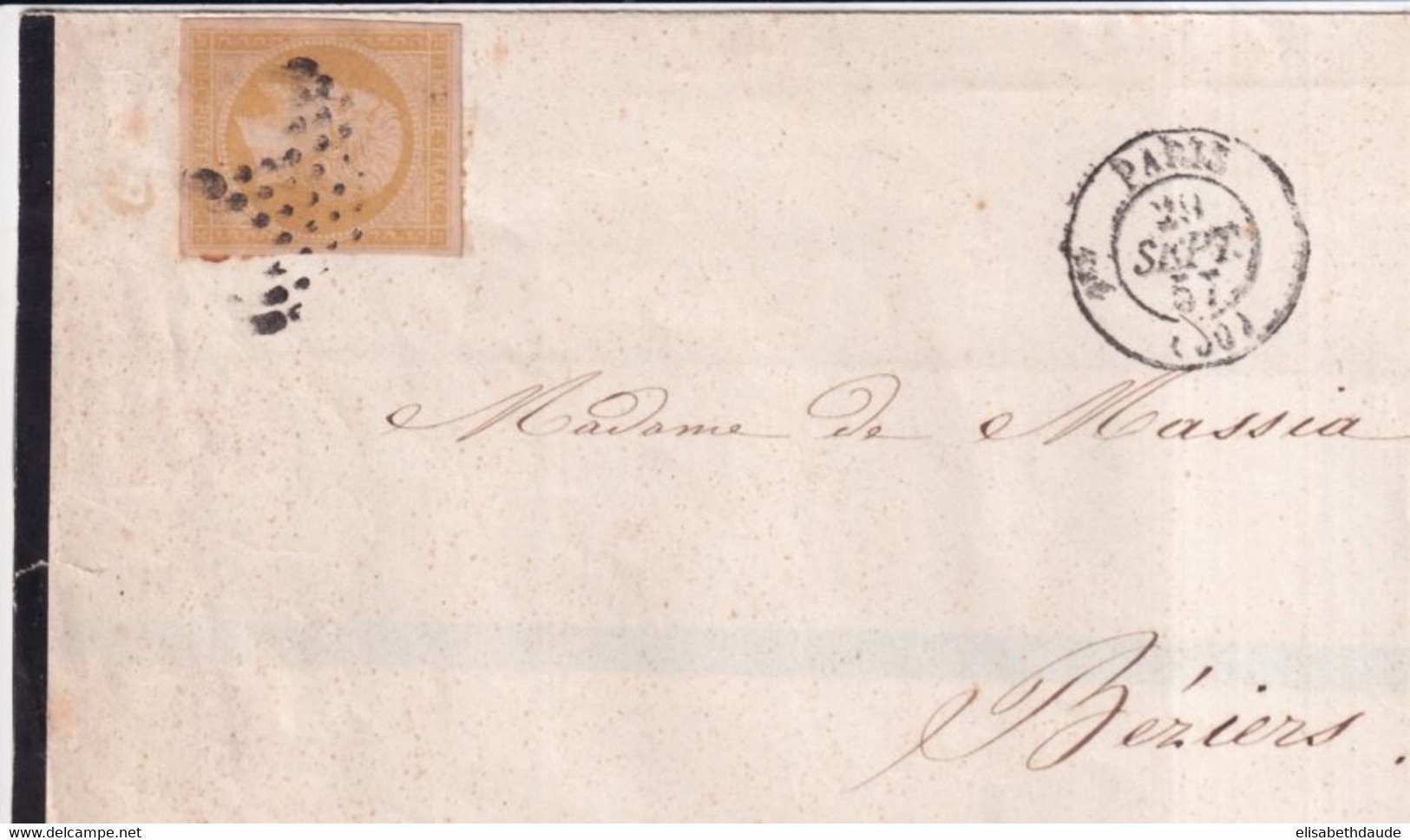 1857 - TARIF SPECIAL 10c FAIRE-PART ! - EMPIRE 10c SEUL Sur LETTRE SC De PARIS => BEZIERS (HERAULT) - Postal Rates
