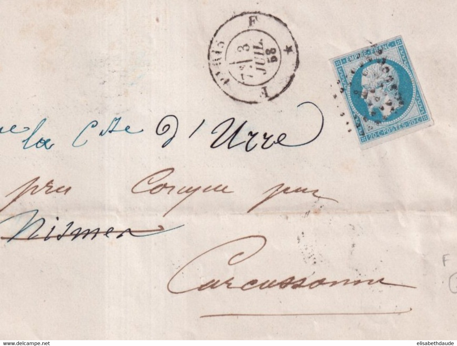 1858 - TARIF SPECIAL 20c FAIRE-PART ! - EMPIRE 20c SEUL Sur LETTRE SC De PARIS "F" => NIMES => CARCASSONNE - 1853-1860 Napoleon III