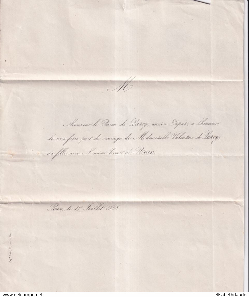 1858 - TARIF SPECIAL 20c FAIRE-PART ! - EMPIRE 20c SEUL Sur LETTRE SC De PARIS "F" => NIMES => CARCASSONNE - 1853-1860 Napoleon III