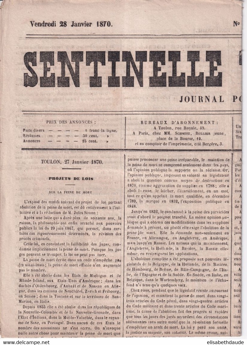 1870 - TIMBRE JOURNAL VIOLET TRES PALE ! Sur JOURNAL COMPLET "SENTINELLE TOULONNAISE" à TOULON (VAR) - Giornali