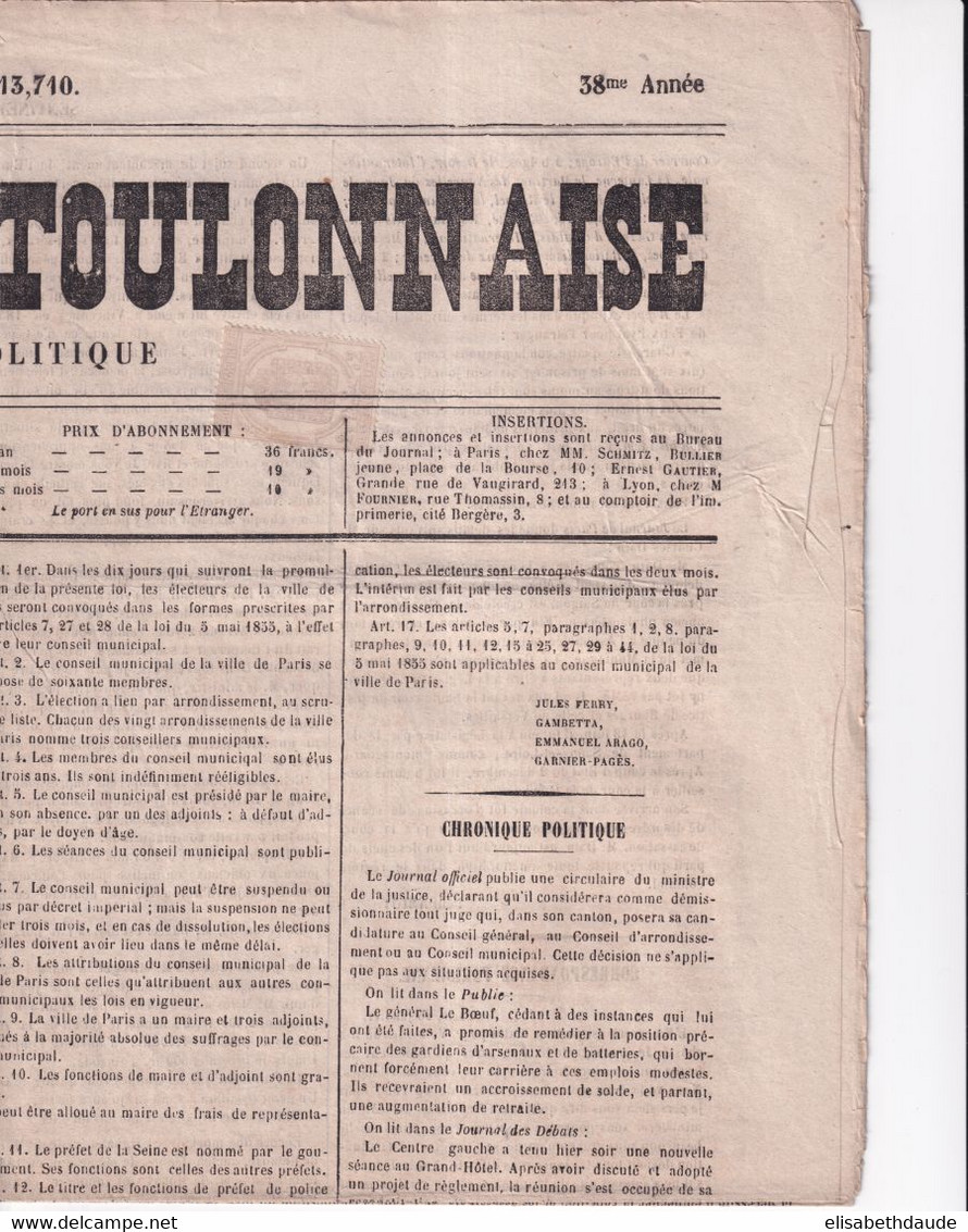 1870 - TIMBRE JOURNAL VIOLET TRES PALE ! Sur JOURNAL COMPLET "SENTINELLE TOULONNAISE" à TOULON (VAR) - Kranten