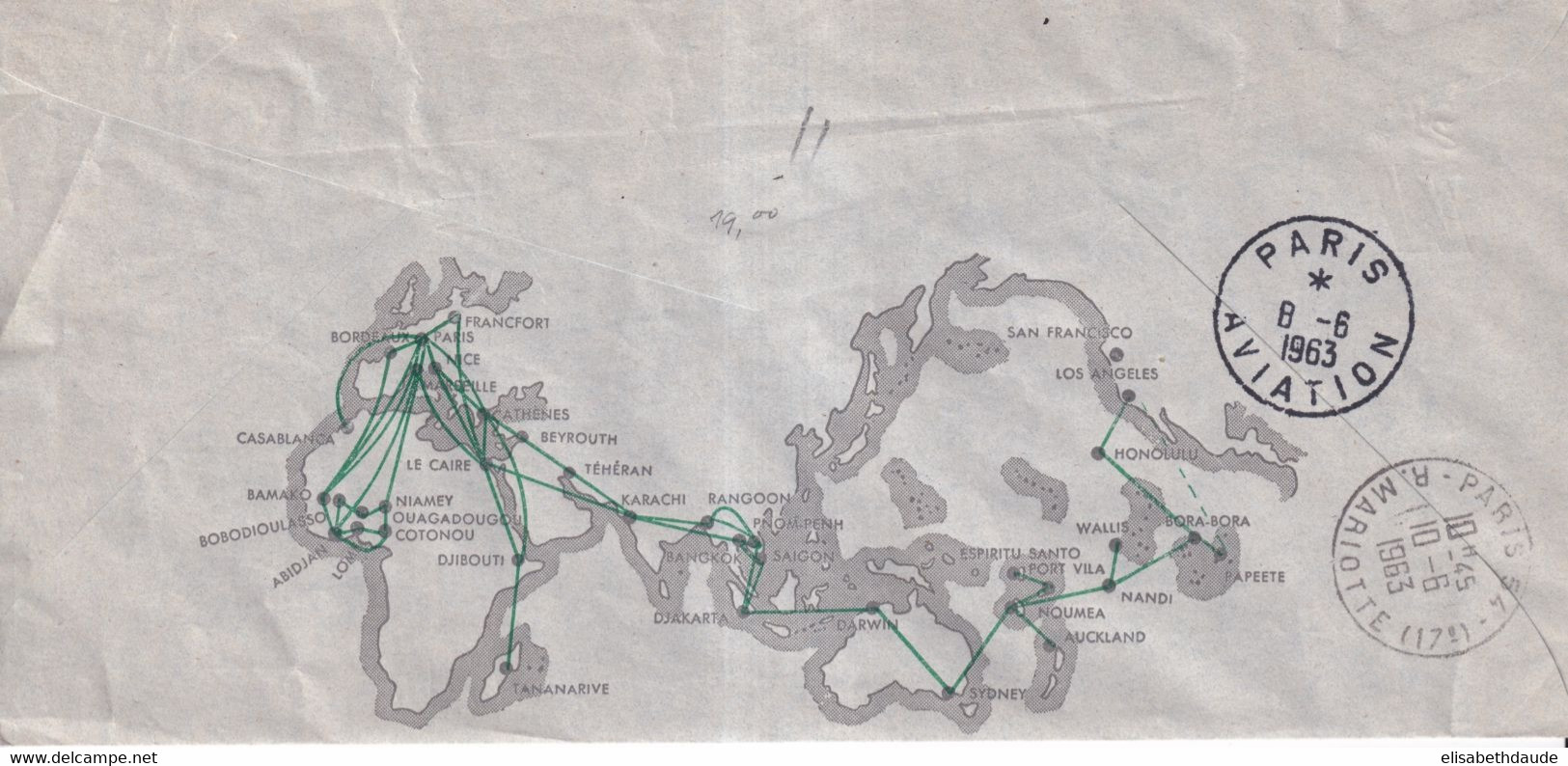 1963 - TAHITI - ENVELOPPE ILLUSTREE (CARTE De La ROUTE De TAHITI AU DOS !) De PAPEETE 1° VOL UNE SEULE ESCALE => PARIS - Lettres & Documents