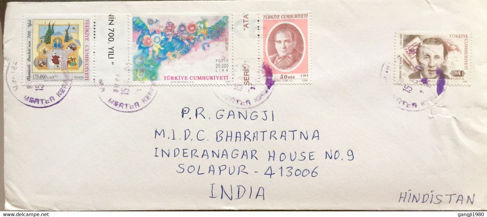 TURKEY 2001, SE-TENENT !4 STAMPS USED COVER TO INDIA,MERTER VIOLET CANCELLATION PRESIDENT,ART ,CHILDREN IN FLOWER - 1934-39 Sandjak D'Alexandrette & Hatay