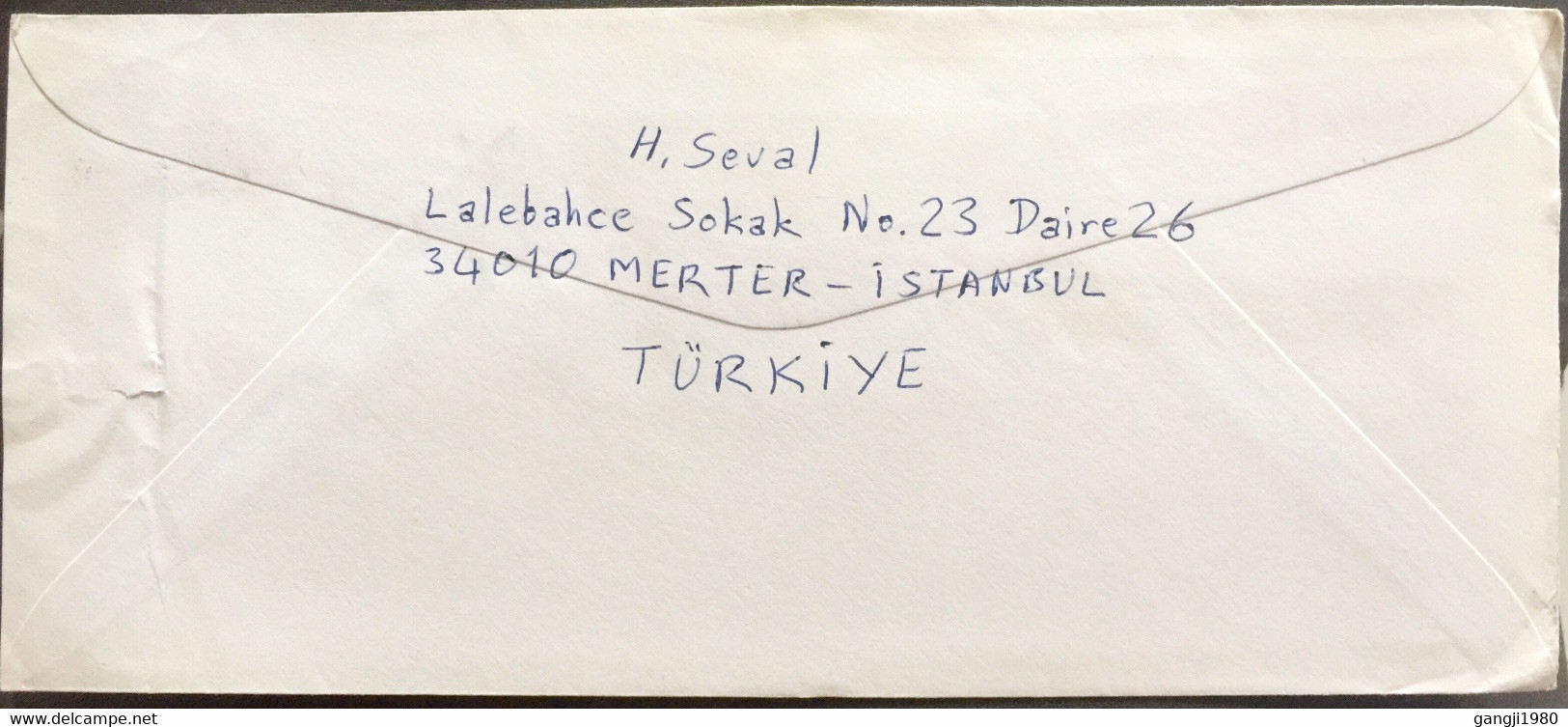 TURKEY 2001, SE-TENENT !4 STAMPS USED COVER TO INDIA,MERTER VIOLET CANCELLATION PRESIDENT,ART ,CHILDREN IN FLOWER - 1934-39 Sandschak Alexandrette & Hatay