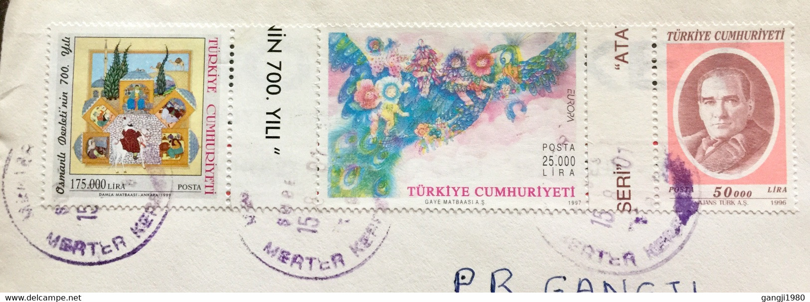 TURKEY 2001, SE-TENENT !4 STAMPS USED COVER TO INDIA,MERTER VIOLET CANCELLATION PRESIDENT,ART ,CHILDREN IN FLOWER - 1934-39 Sandschak Alexandrette & Hatay