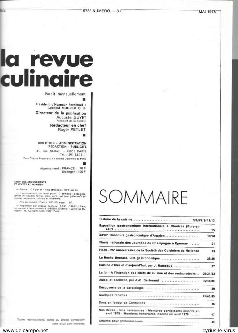 LA REVUE CULINAIRE  ** REVUE MENSUELLE   ** - Cuisine & Vins