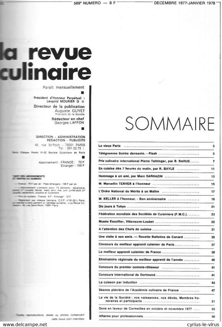 LA REVUE CULINAIRE  ** REVUE MENSUELLE   ** - Küche & Wein