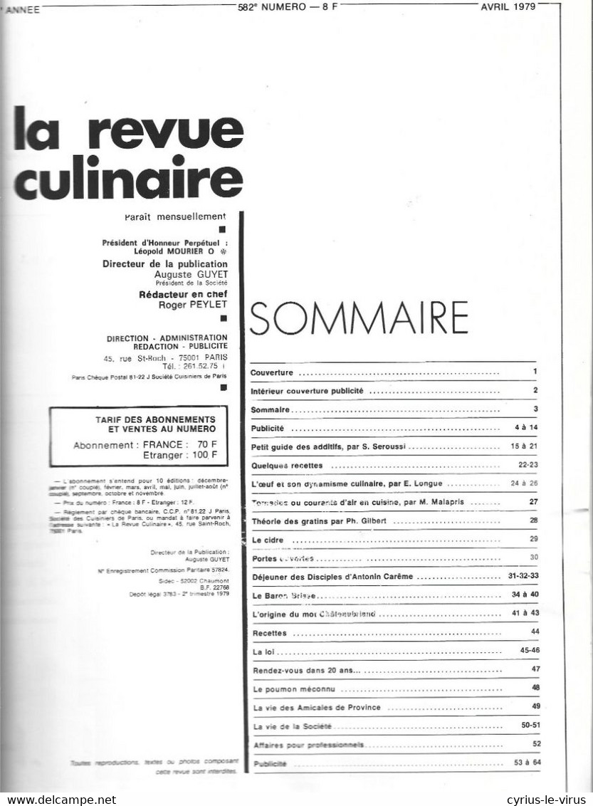 LA REVUE CULINAIRE  ** REVUE MENSUELLE   ** - Cuisine & Vins