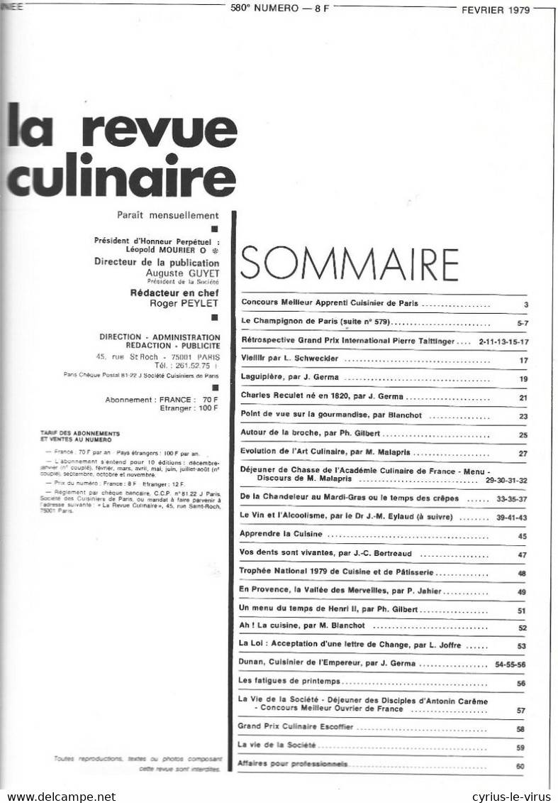 LA REVUE CULINAIRE  ** REVUE MENSUELLE   ** - Küche & Wein