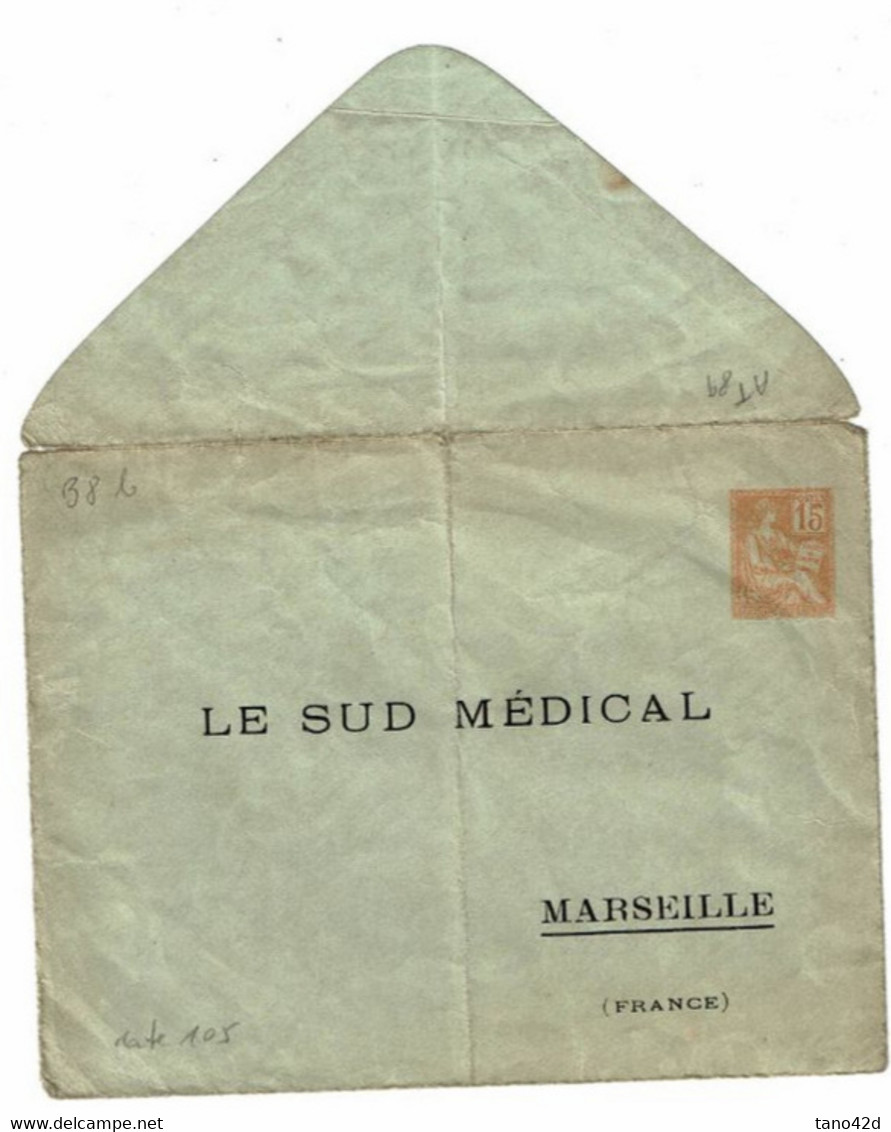 CTN77/2- ENV. MOUCHON 15c PRIMITIF DATE 105 REPIQUAGE LE SUD MEDICAL FROISSE ET PLI CENTRAL (NORMAL) - Bigewerkte Envelop  (voor 1995)