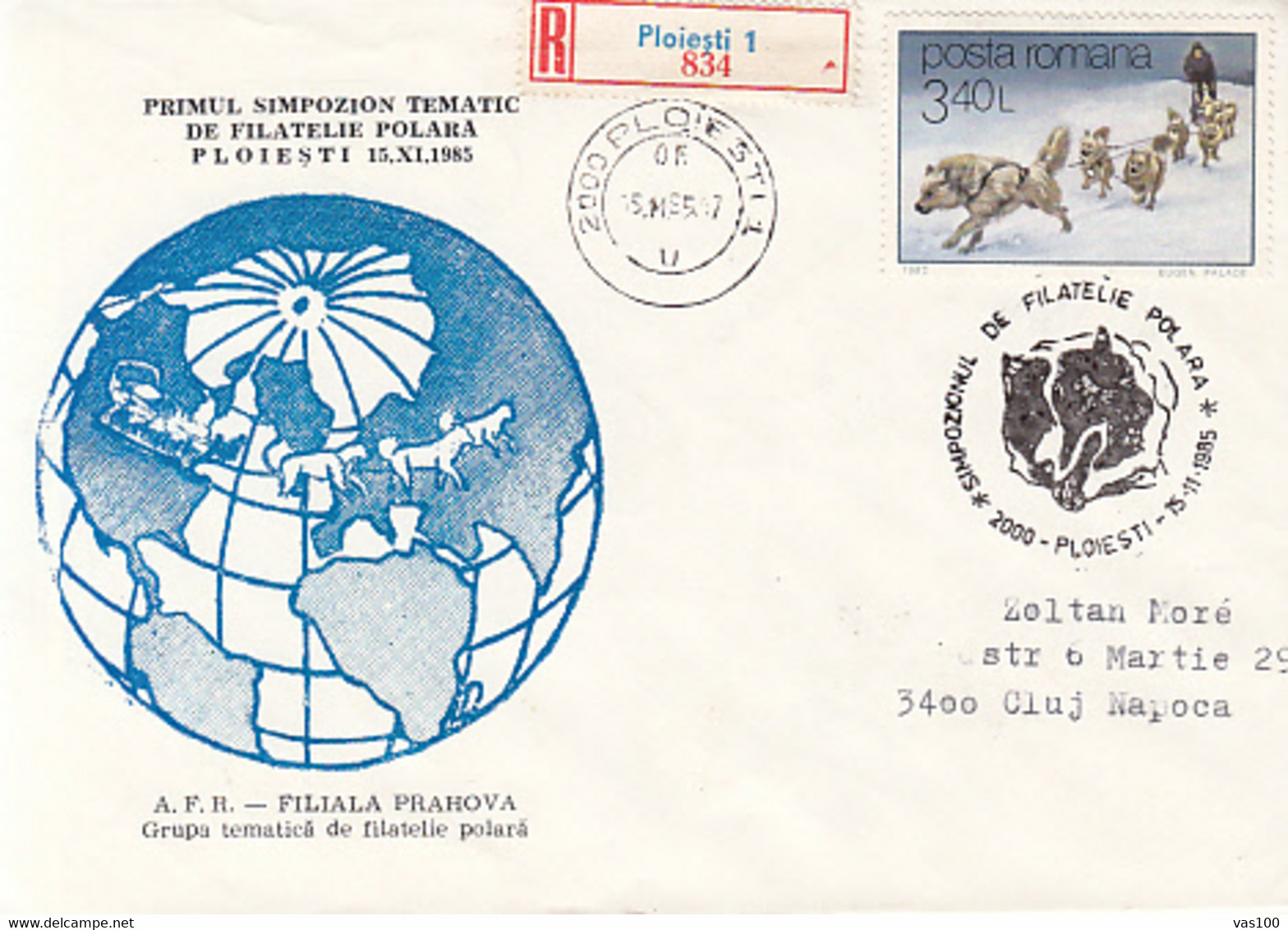 POLAR PHILATELIC EXHIBITION, DOG SLED, REGISTERED SPECIAL COVER, 1985, ROMANIA - Eventi E Commemorazioni