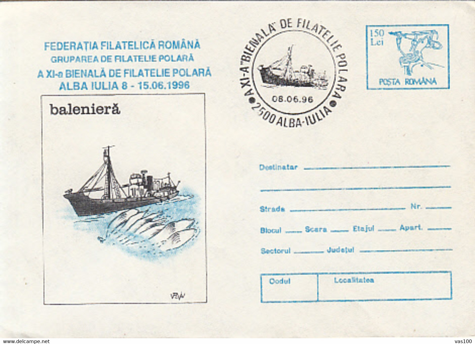 POLAR PHILATELIC EXHIBITION, WHALES, SHIP, COVER STATIONERY, ENTIER POSTAL, 1996, ROMANIA - Eventi E Commemorazioni