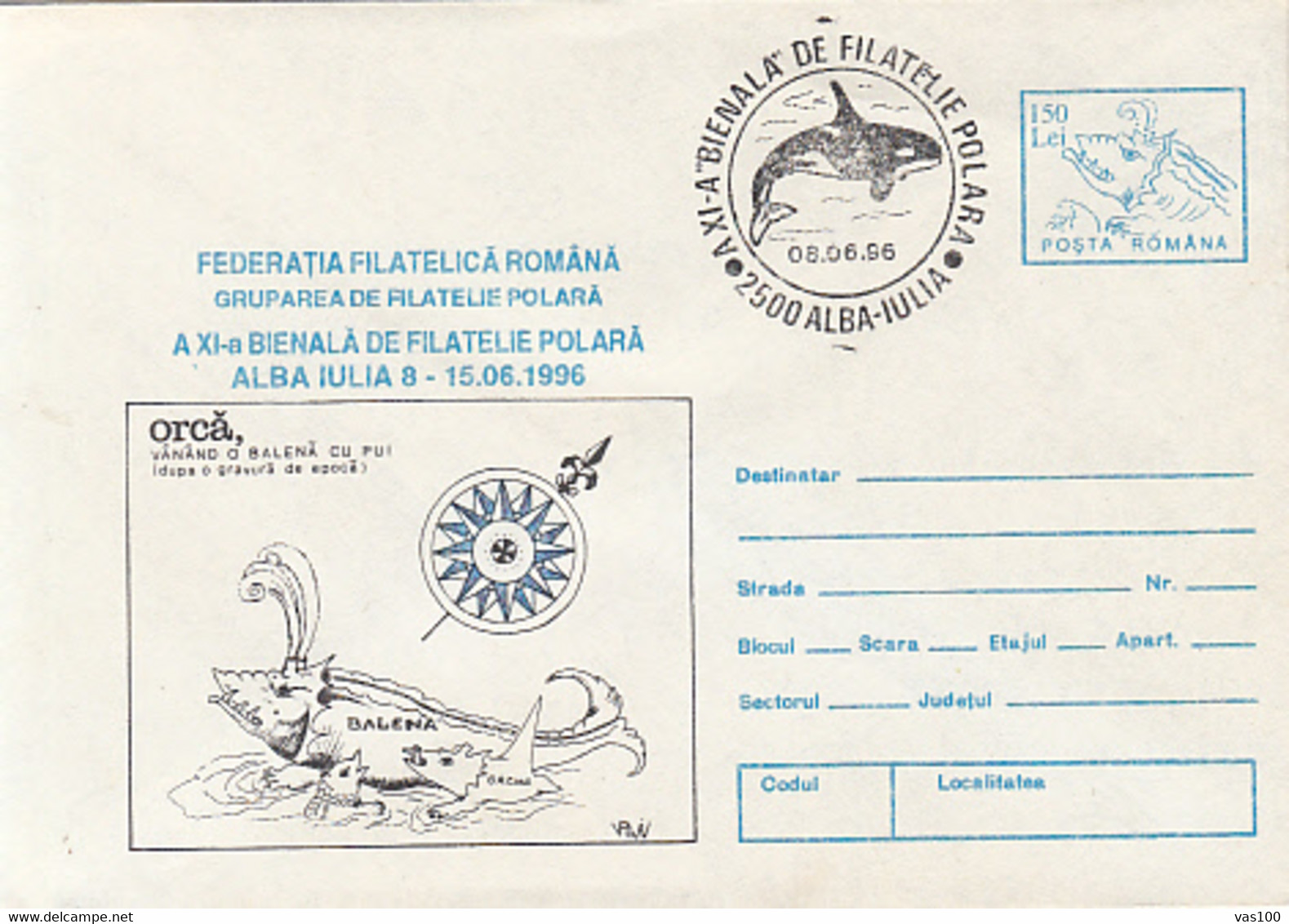 POLAR PHILATELIC EXHIBITION, ORCA, KILLER WHALE, COVER STATIONERY, ENTIER POSTAL, 1996, ROMANIA - Événements & Commémorations