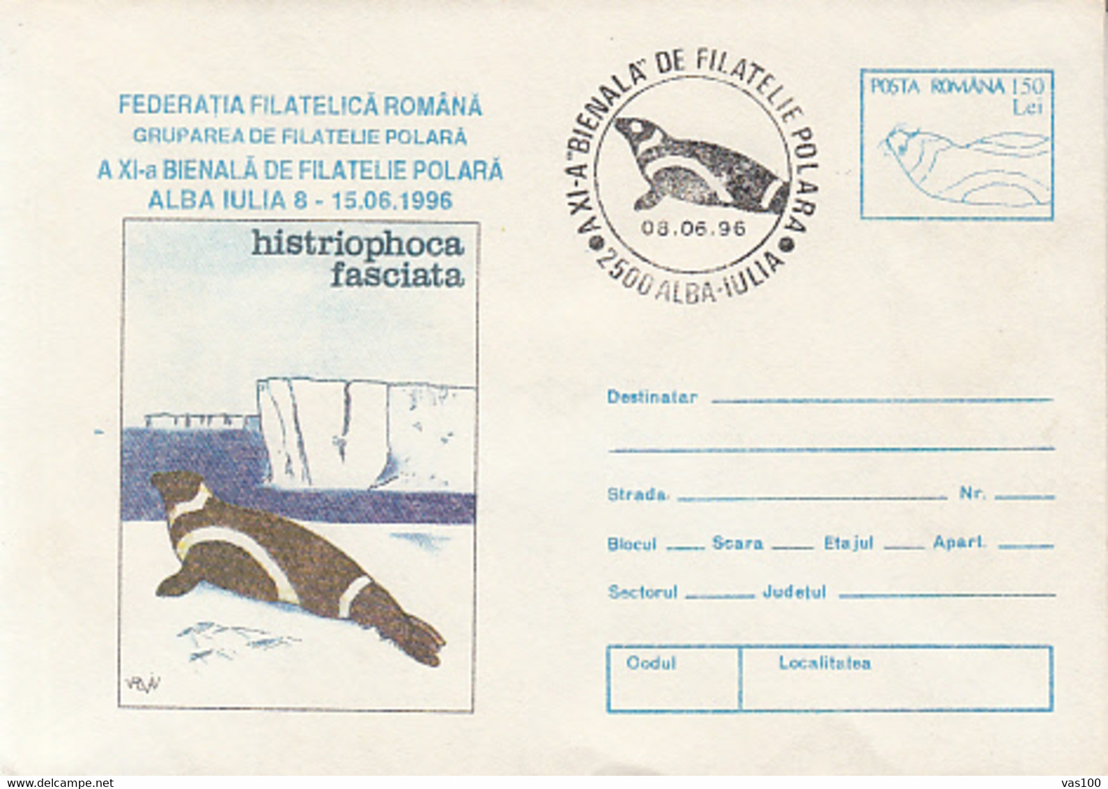 NORTH POLE, ARCTIC WILDLIFE, RIBBON SEAL, COVER STATIONERY, ENTIER POSTAL, 1996, ROMANIA - Faune Arctique
