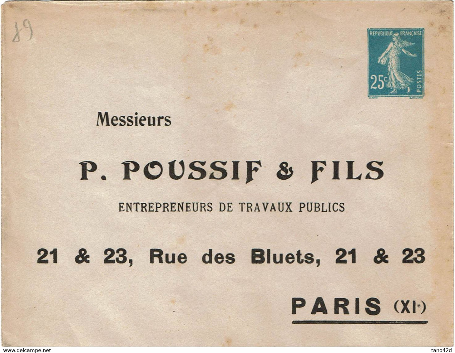 CTN77/2-  ENVELOPPE  SEMEUSE CAMEE 25c REPIQUAGE POUSSIF & FILS NEUVE - Buste Ristampe (ante 1955)