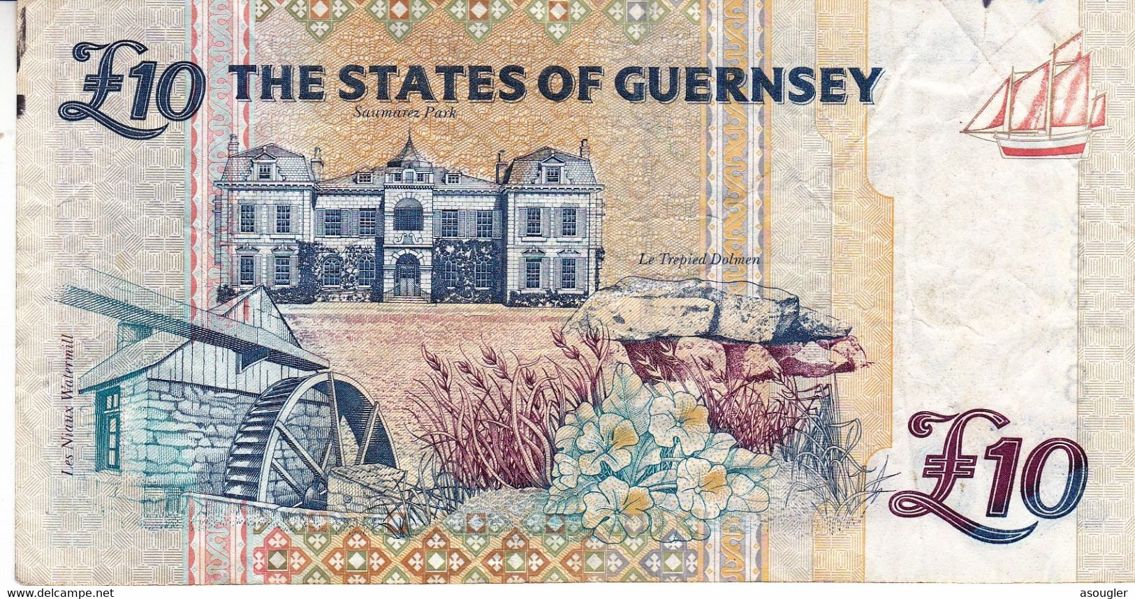 Guernsey 10 Pounds ND 1995 VF P-57b "free Shipping Via Registered Air Mail" - Guernesey