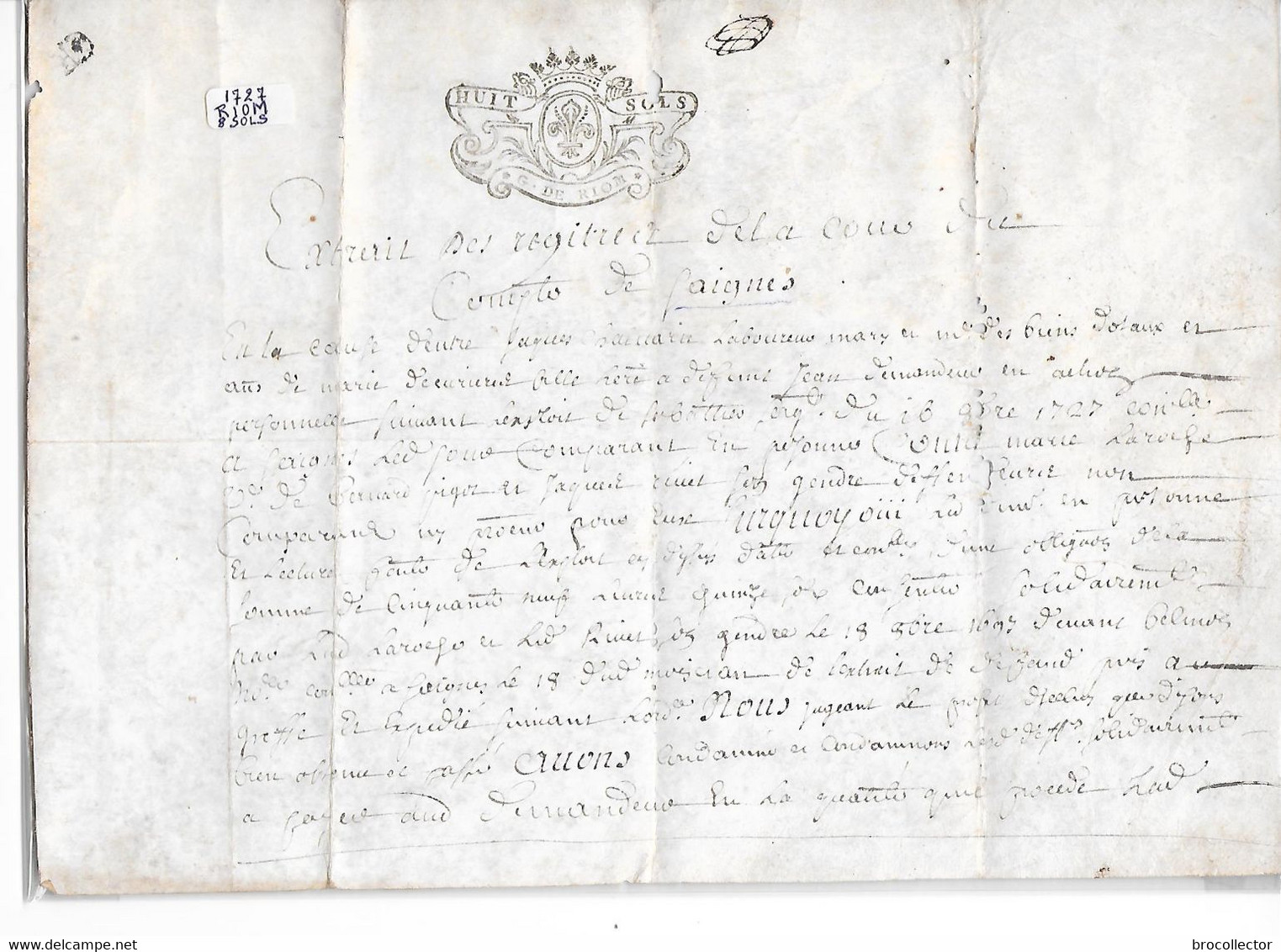 SAIGNES ( 15 ) - Généralité De Riom De 1727 ( 8 Sol - 1 Feuille - Cachets Généralité