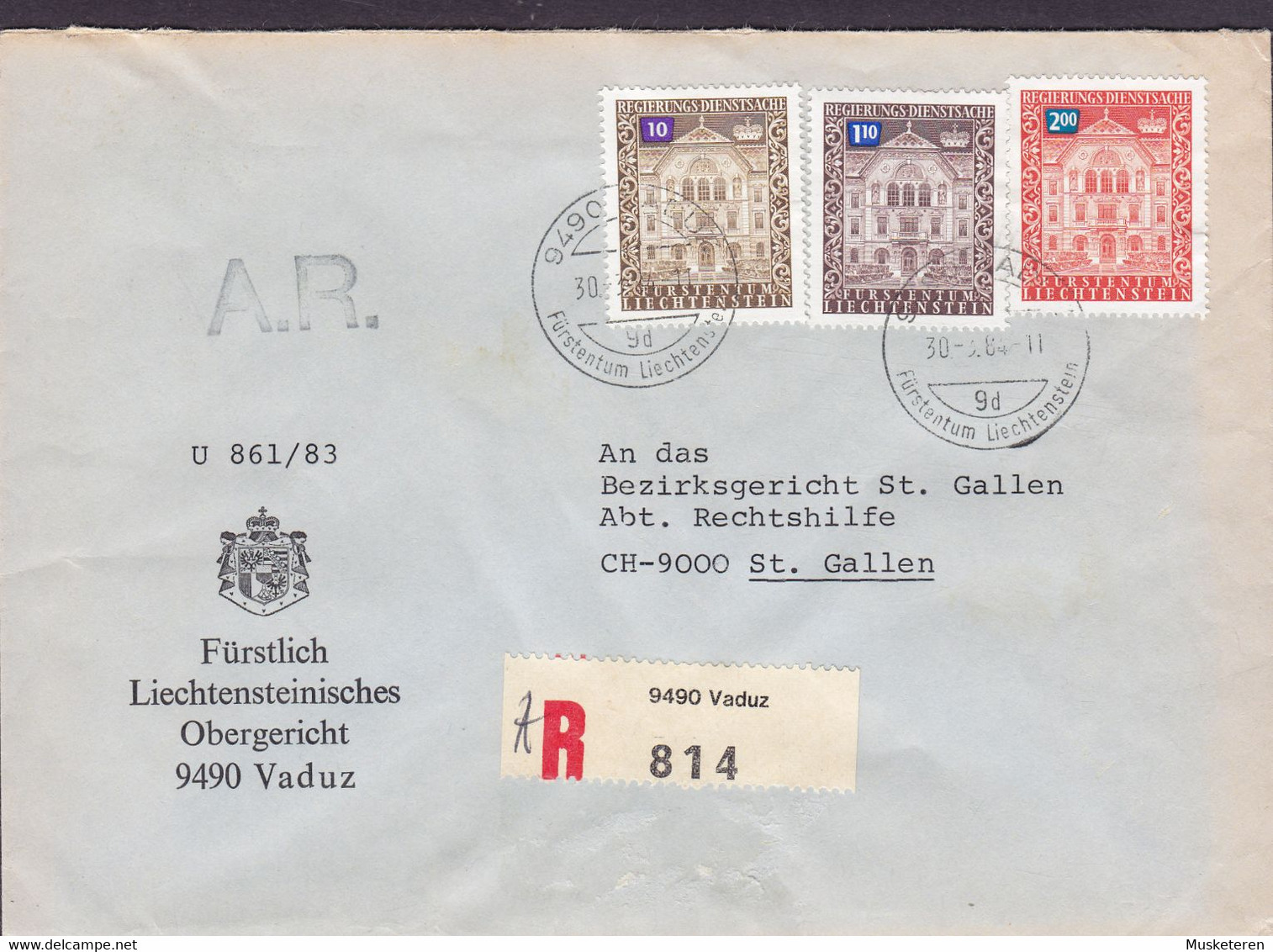 Liechtenstein OBERGERICHT Registered Recommandé Label VADUZ 1984 Cover Lettre ST. GALLEN Suisse 0.10, 1.00 & 2.00 Fr. - Official