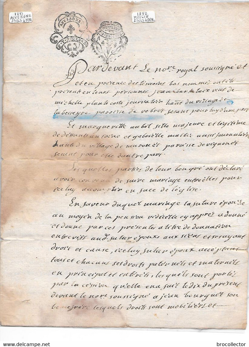 LA BESSEYRE ( 15 ) - Généralité D'Auvergne Et De Moulins De 1781et 1780  - 2 Sol 4 Deniers - 1 Feuille - Cachets Généralité