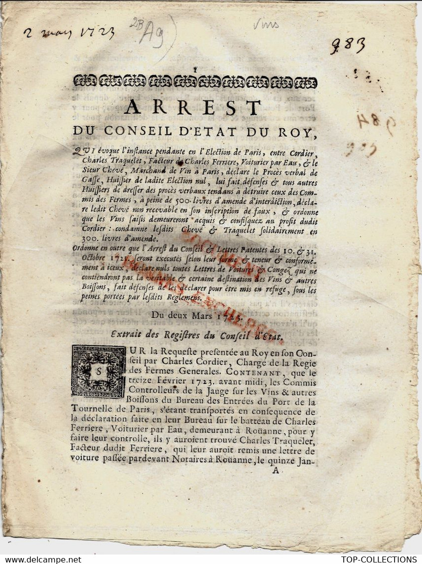 Paris Port De La Tournelle 1723 ARRET CONSEIL ETAT DU ROY ANCIEN REGIME FERMES GENERALES CONTROLEURS VINS FRAUDE ENTREE - Gesetze & Erlasse