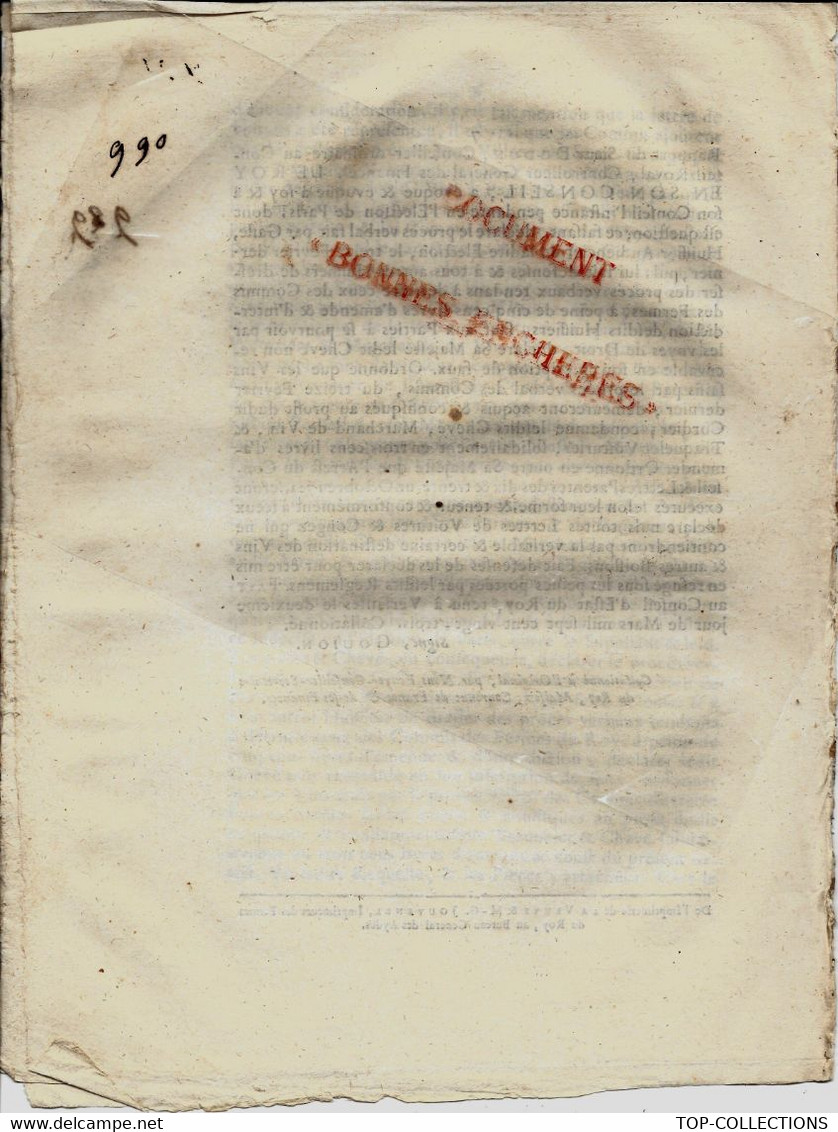 Paris Port De La Tournelle 1723 ARRET CONSEIL ETAT DU ROY ANCIEN REGIME FERMES GENERALES CONTROLEURS VINS FRAUDE ENTREE - Wetten & Decreten