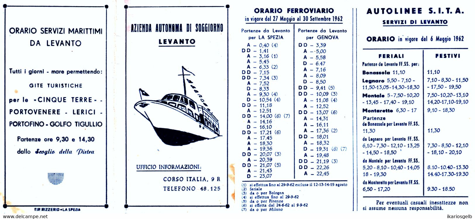 Italia Italy Levanto La Spezia Liguria 1962 " Orario Ferroviario Autolinee Servizi Marittimi " Calendrier Timetable - Europa