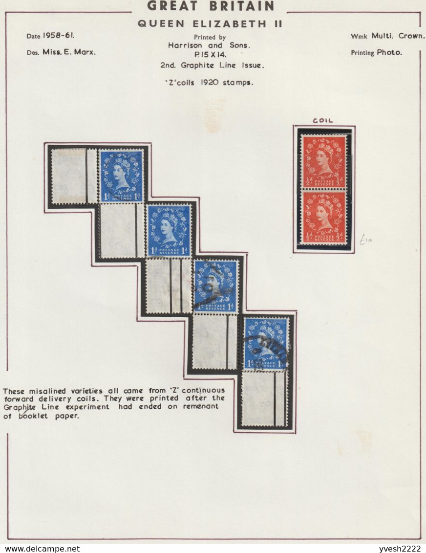 GB, Royaume Désuni. Petit Lot, 4 Feuilles, Curiosités, Roulettes (coil Stamps), Double Graphite, Etc. Voir Descriptions - Errors, Freaks & Oddities (EFOs