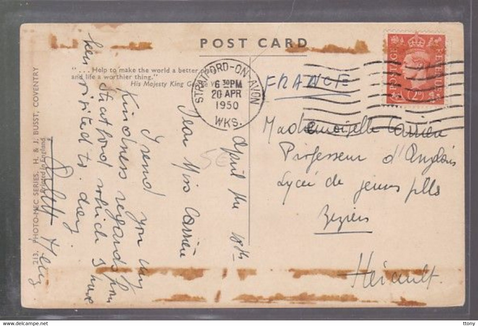 Cpa :    Postcard  STRATFORD ON AVON SHAKESPEARES    Posted  1950 - Middlesex