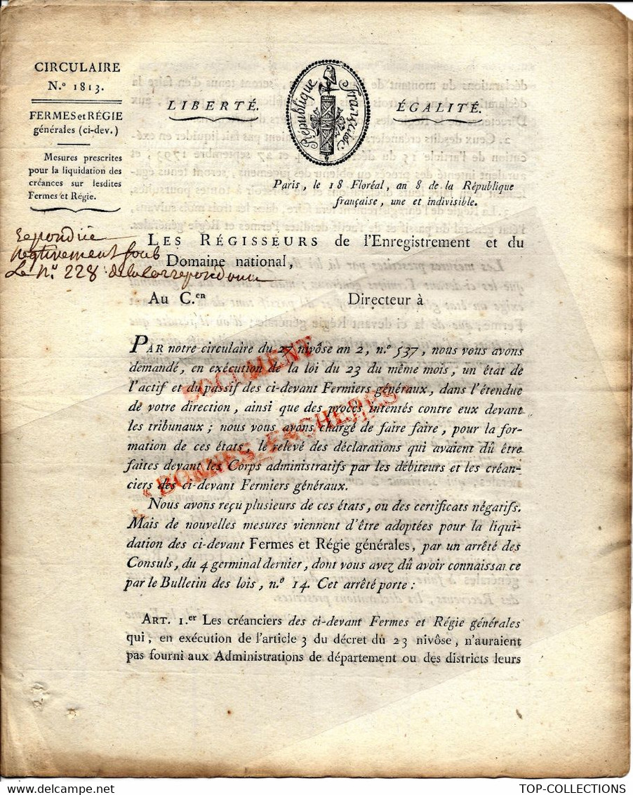 1800 FERMES ET REGIES ABOLITION LIQUIDATION REVOLUTION BAR SUR ORNAIN Bar Le Duc Meuse  + TEXTE MANUSCRIT TB.E.V.SCANS - Documents Historiques