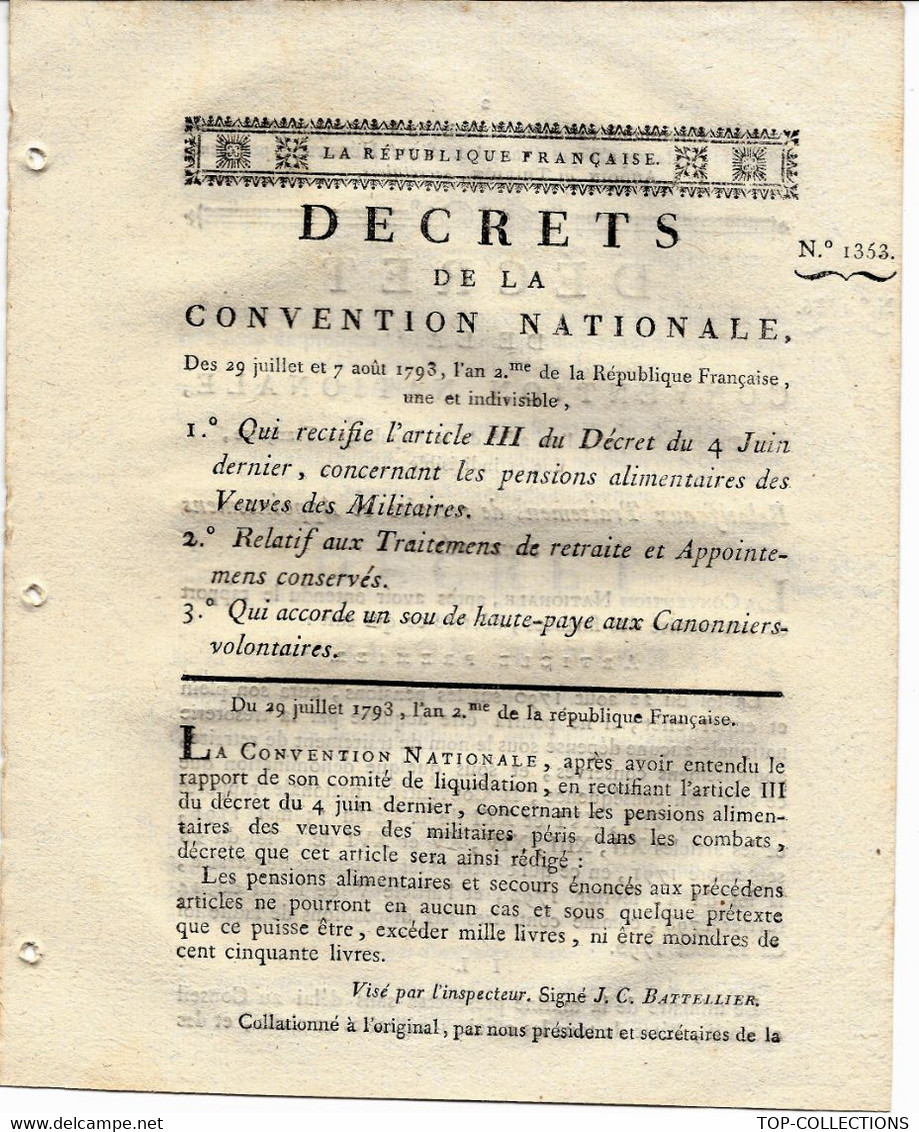 REVOLUTION 1793 3 DECRETS /PENSIONS DES VEUVES MILITAIRES/ TRAITEMENT DE RETRAITE /SOU DE HAUTE PAYE B.E. - Decreti & Leggi