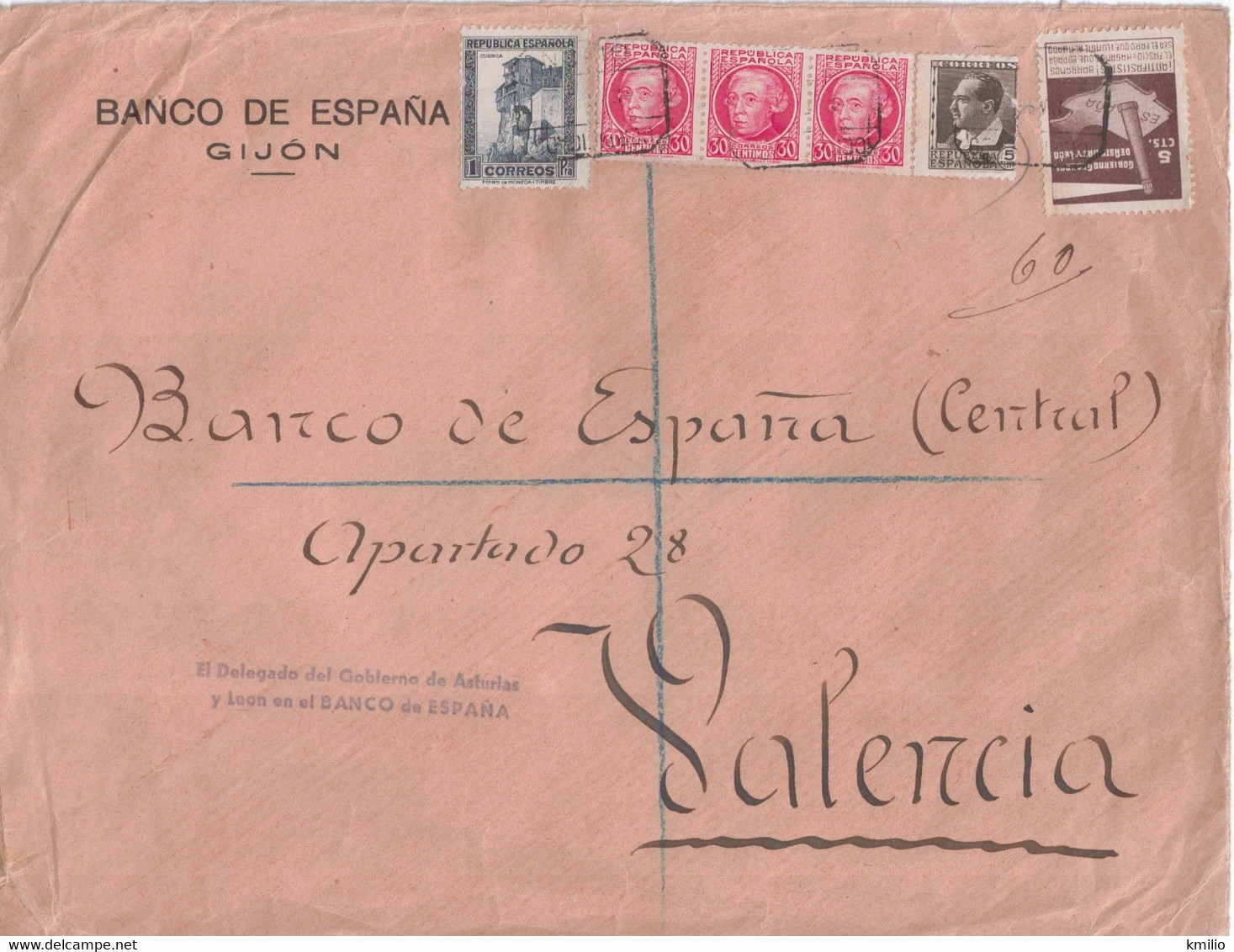 Asturias Y León 1937, Ed 1 En Carta Certificada De Gijón A Valencia - Asturias & Leon