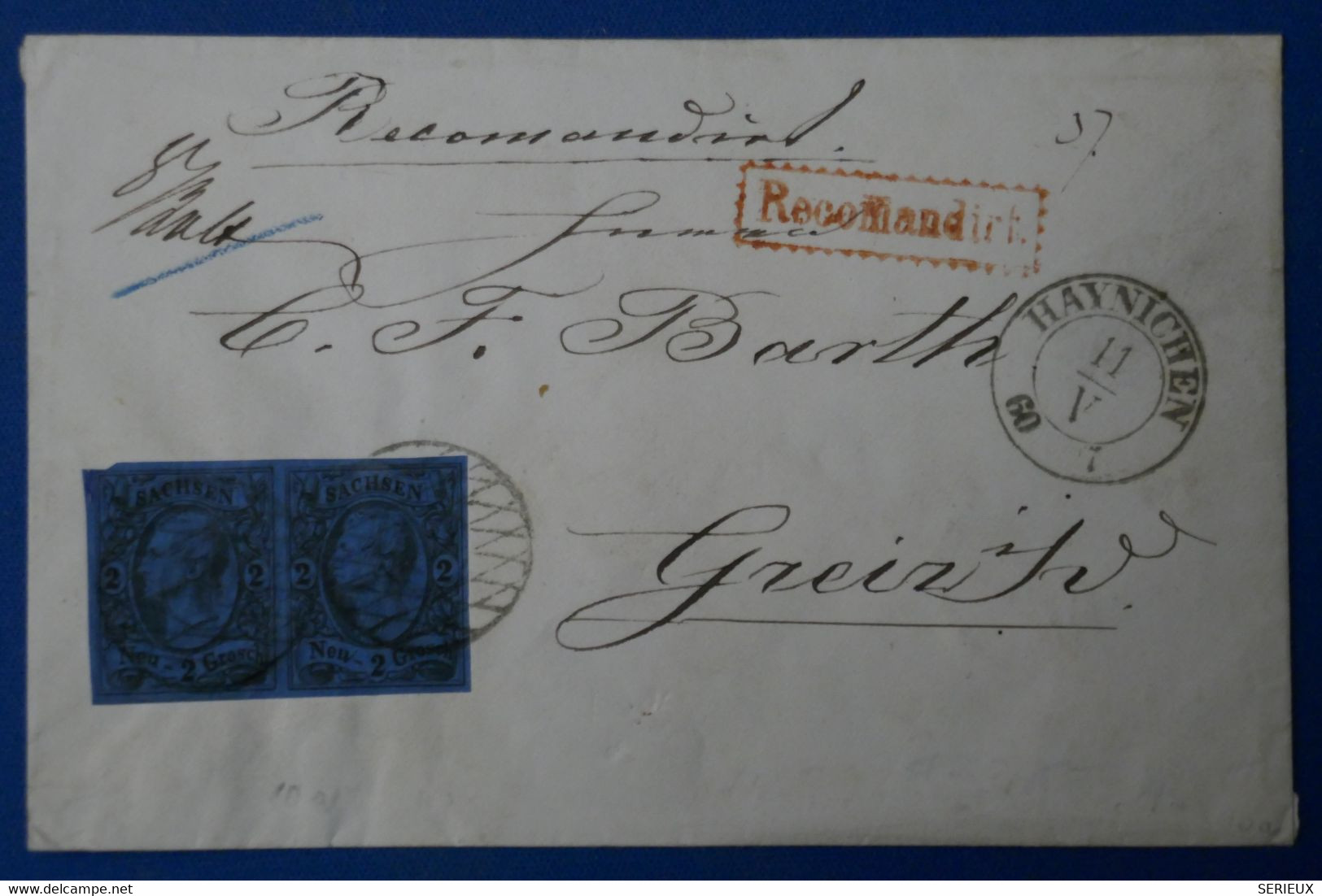 C SACHSEN ALLEMAGNE BELLE LETTRE RECOM. 1860 HAYNICHEN  POUR GREIZ  +PAIRE DE 2 NG BLEU FONCE  + AFFRANCH. PLAISANT - Sachsen