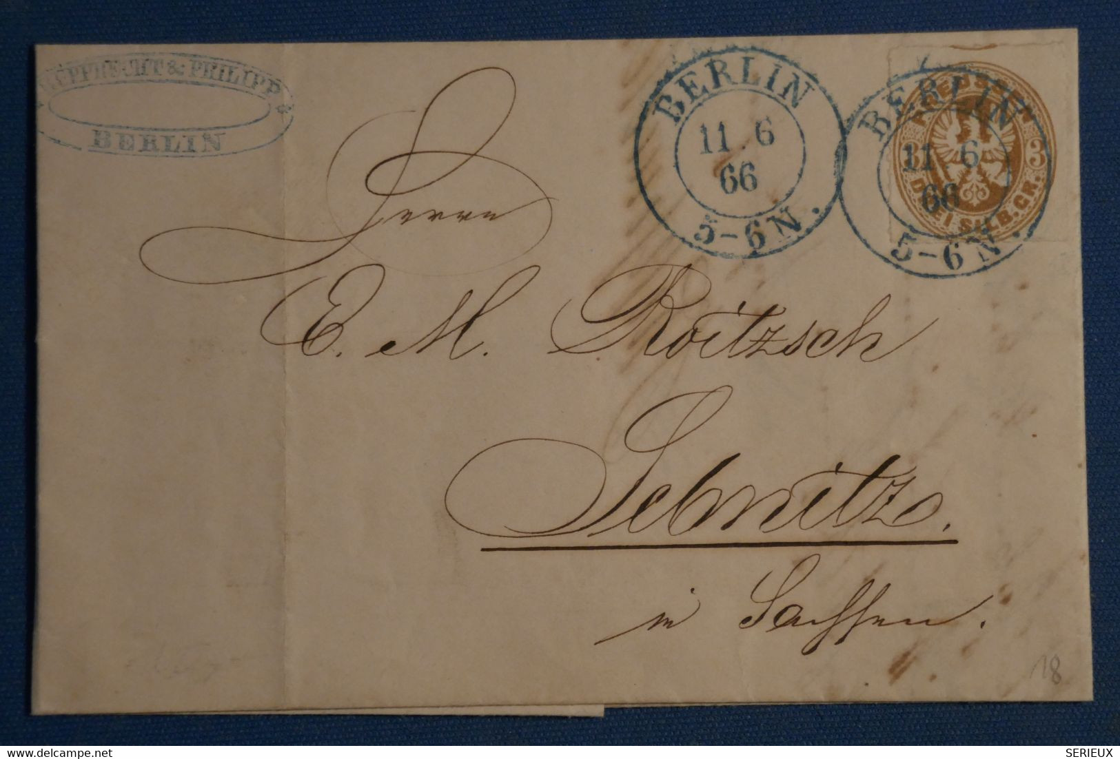 C  PRUSSEN ALLEMAGNE BELLE LETTRE  1866 BERLIN  POUR Sebnitz+ +CACHET BLEU ++ + AFFRANCH. PLAISANT - Covers & Documents