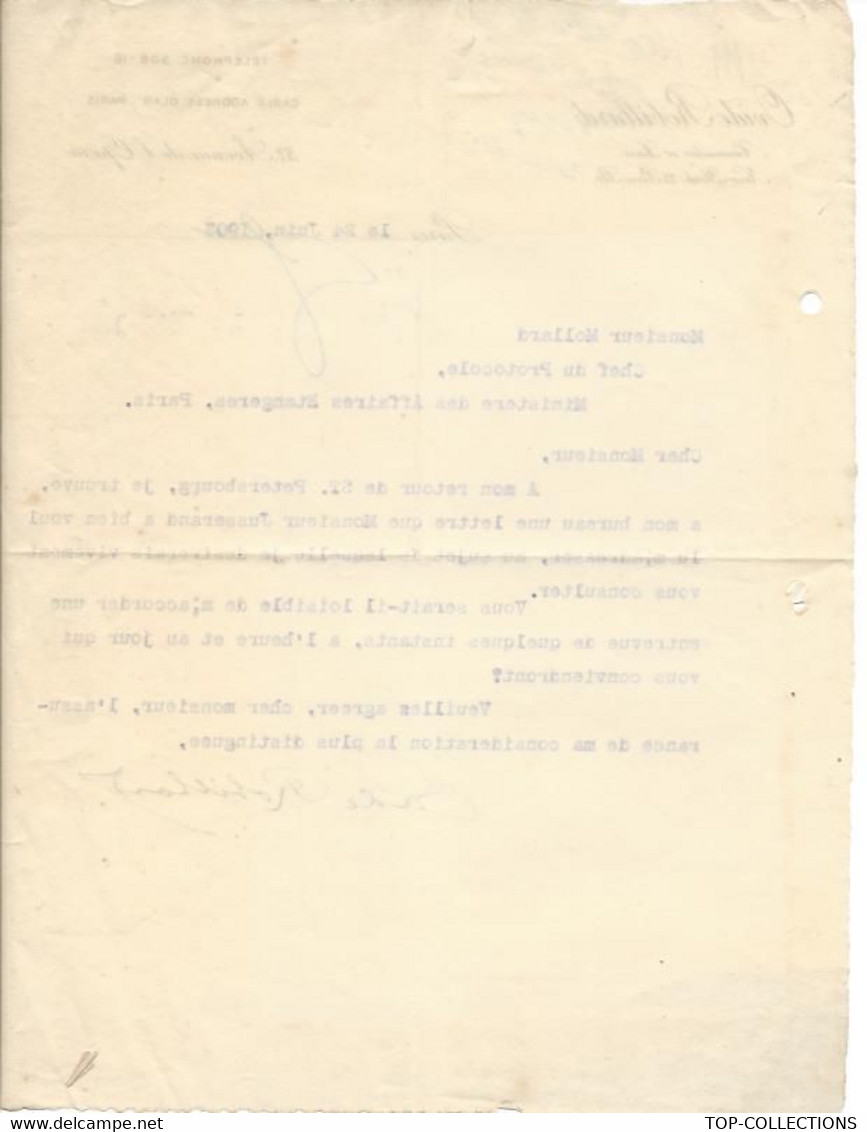 LETTRE  OVIDE ROBILLARD AVOCAT PARIS ET NEW YORK1903 à MR MOLLARD PROTOCOLE MINISTERE AFFAIRES ETRANGERES B.E.V.SCANS - Documents Historiques