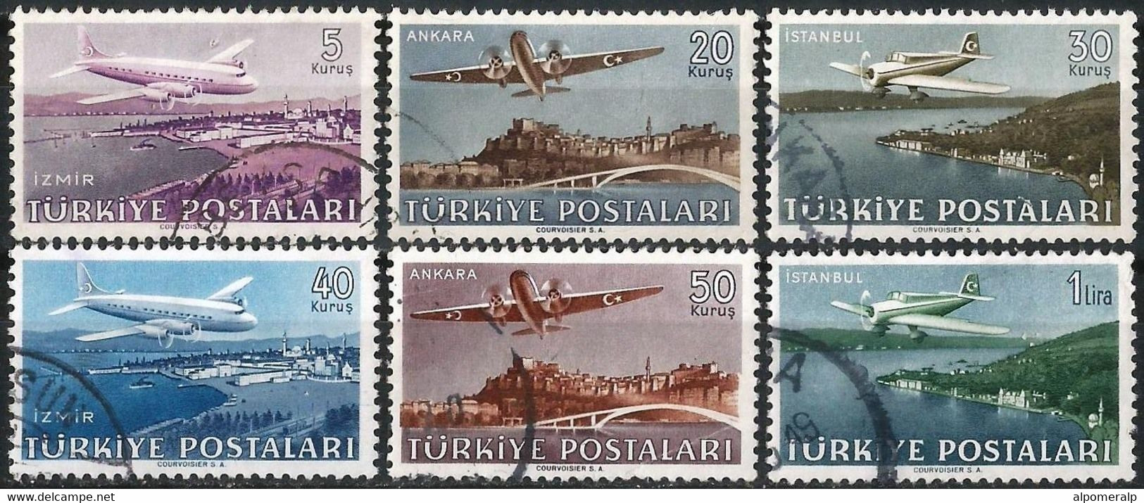 Türkiye 1949 Mi 1225-1230 Airmail Stamps | Turkish Aircraft | Douglas DC6, Vickers Viking 18, Curtiss-Wright CW-22 - Luftpost