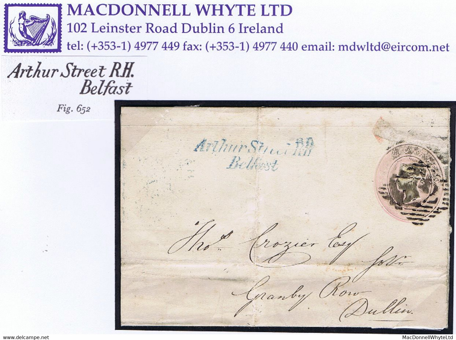 Ireland Belfast 1844 Italic "Arthur Street R.H/ Belfast" Blue Receiver On 1d Pink Wrapper To Dublin, Cancelled "62" Diam - Prephilately