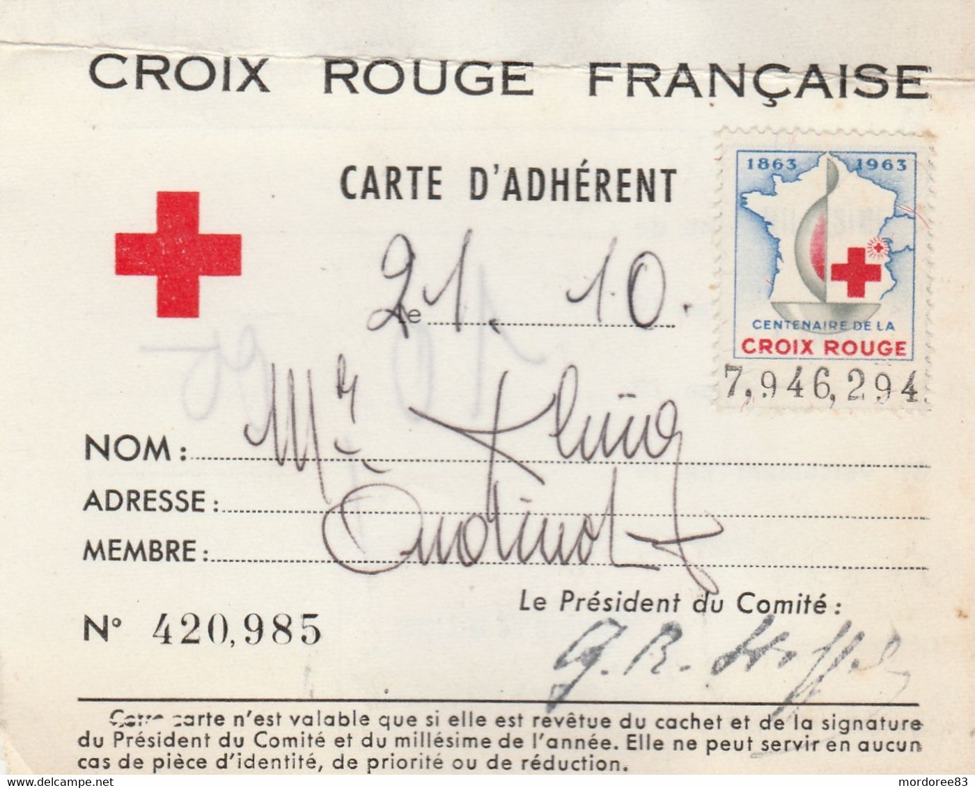 CROIX ROUGE CARTE D ADHERENT + 2 VIGNETTES 1963 - Red Cross