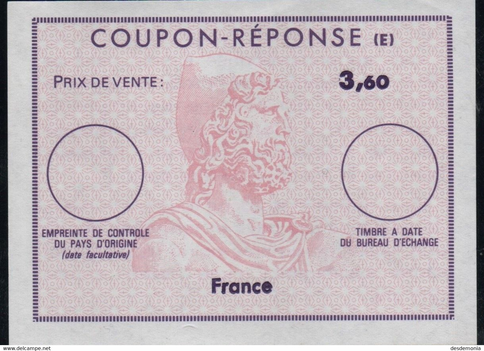 Coupon Réponse International Buste D'Hermes France 3.6FF ** - Antwoordbons