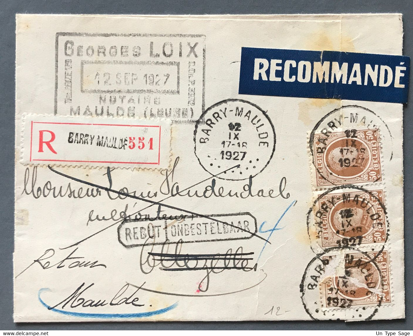 Belgique COB N°203 (x3) Sur Enveloppe - Cachet (à Points) BARRY-MAULDE 12.IX.1927 + Griffe REBUT - (A1406) - Postmarks - Points