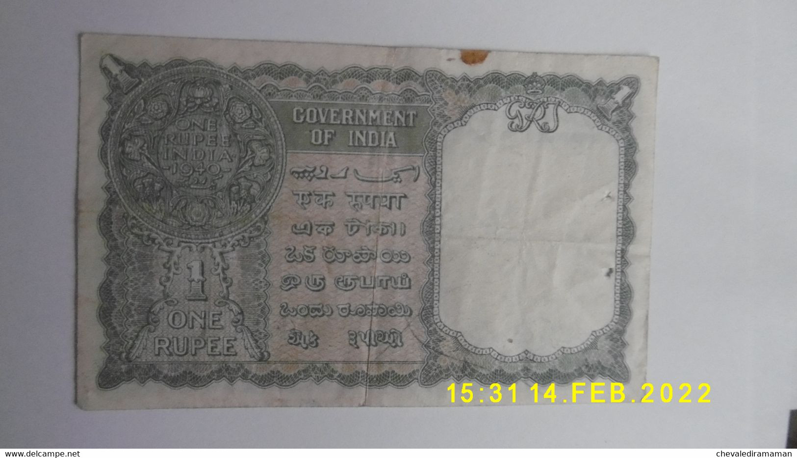 Billet Banque Inde 1 Rupie - Roi George VI - 1938 Probablement - India