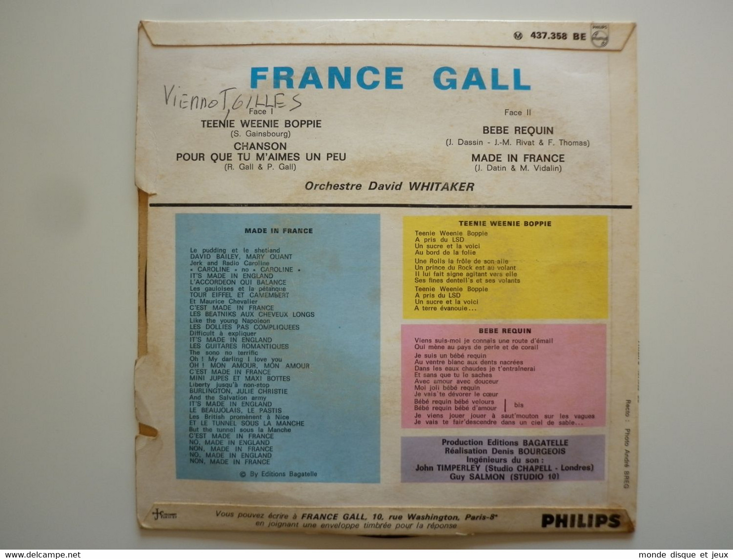 France Gall 45Tours EP Vinyle Teenie - Weenie - Boppie / Bébé Requin - 45 T - Maxi-Single