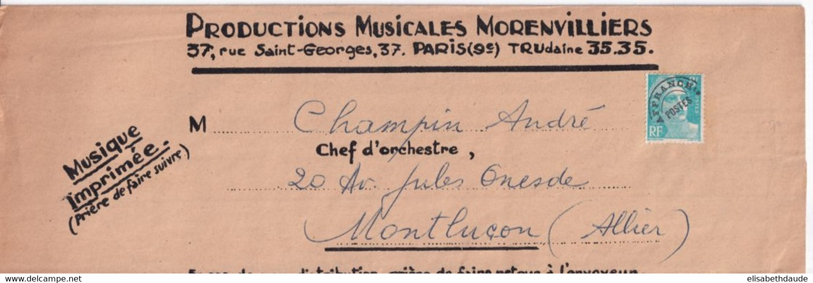 GANDON 8F PREOBLITERE ! IMPRIME SOUS BANDE GF PARTITIONS DE MUSIQUE ! Des PRODUCTIONS MORENVILLIERS à PARIS - 1945-54 Marianne (Gandon)