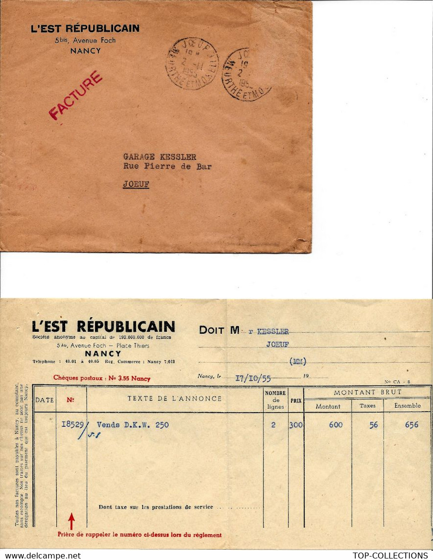 BELLE ENTETE LETTRE L EST REPUBLICAIN NANCY PARIS 1955 + ANNONCE + LETTRE T.B.E.V.SCANS+HISTORIQUE - 1950 - ...