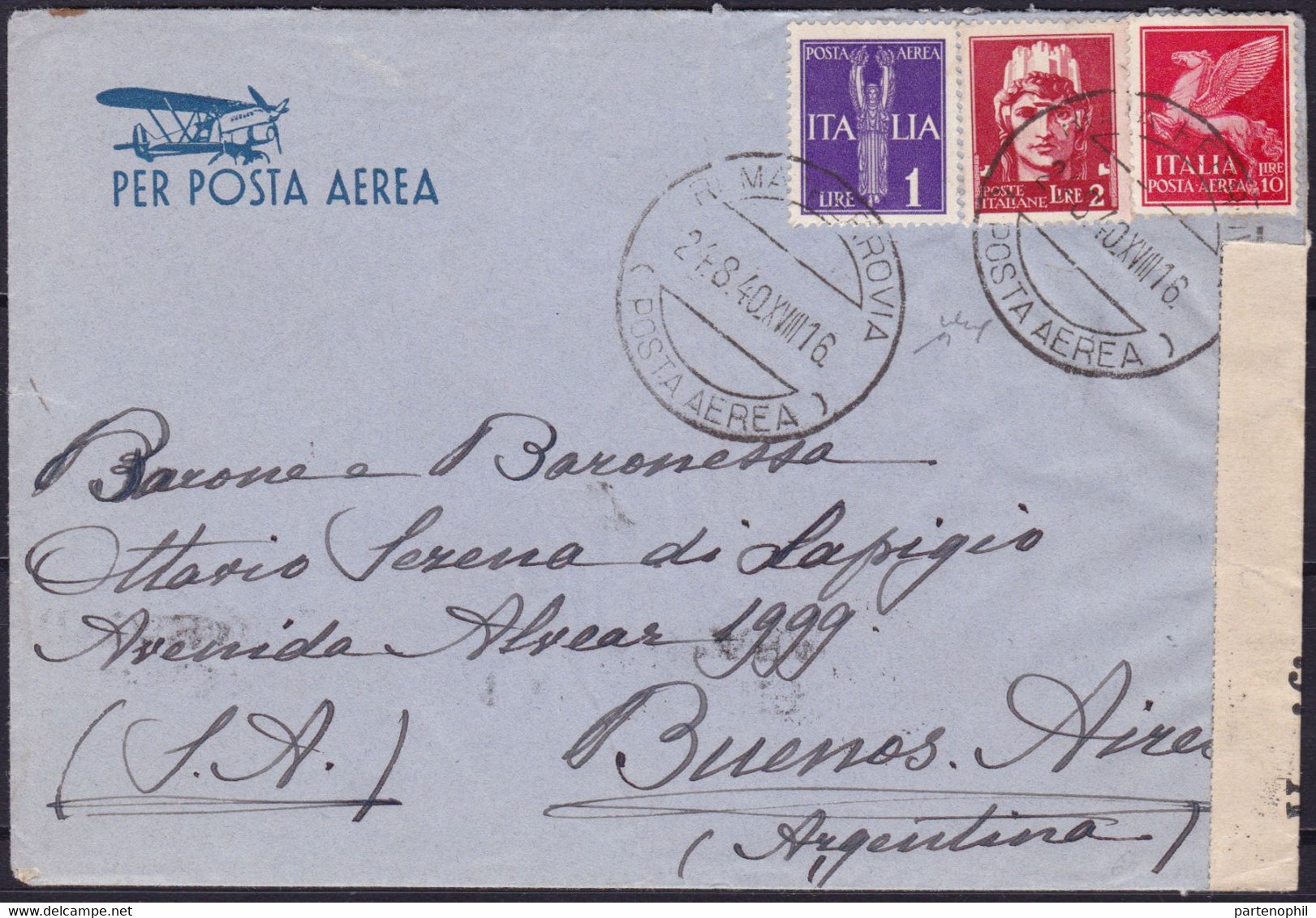 067 * Lettera Di Posta Aerea Da Roma Del 24.08.40 Diretta A Buenos Aires Affrancata Per L. 24,75. Verificata Per Censura - Storia Postale (Zeppelin)