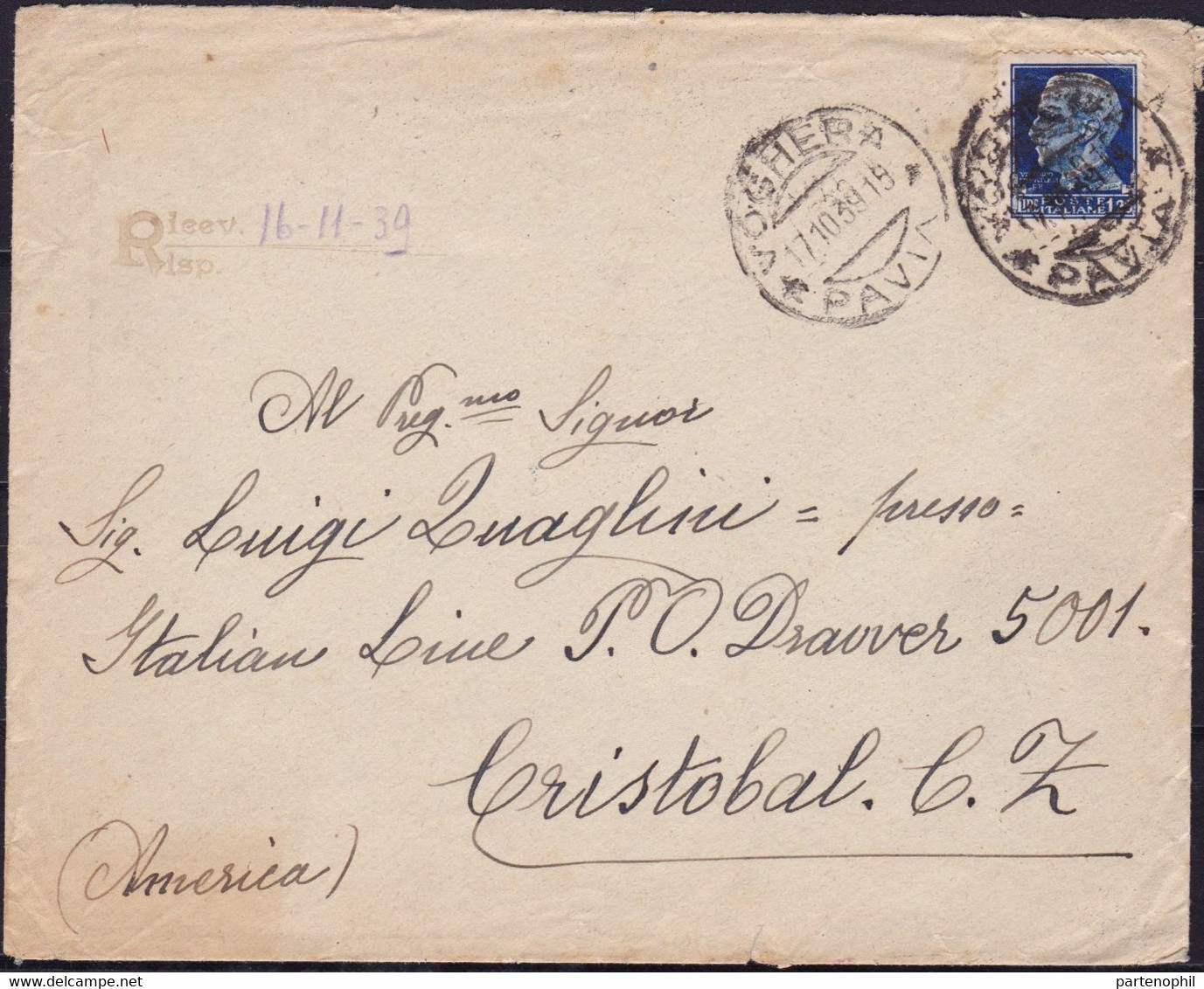 068 * Lettera Da Pavia Del 17.10.39 Diretta A Cristobal ( Panama ), Affrancata Con Imperiale L. 1,25. SPL - Marcofilía (Zeppelin)